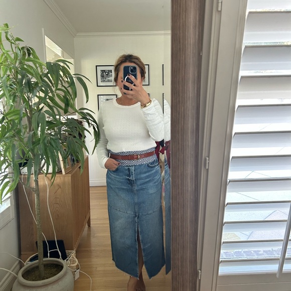 Blue Geometric Pattern Scarf with Brown Leather Belt - Picture 3 of 4